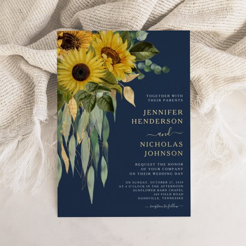 Elegant Navy Blue Floral Sunflower Wedding Gold Foil Invitation