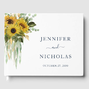 Elegant Navy Blue Floral Sunflower Wedding Guest Book