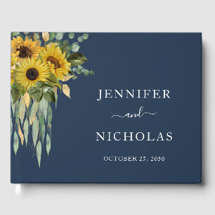 Elegant Navy Blue Floral Sunflower Wedding Guest Book