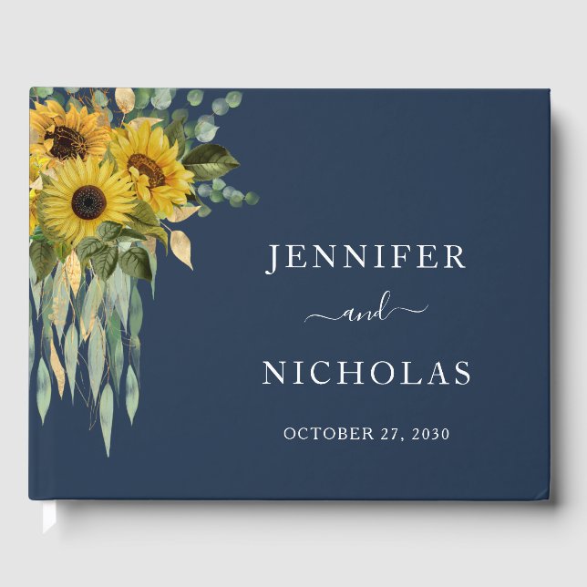 Elegant Navy Blue Floral Sunflower Wedding Guest Book (Front)