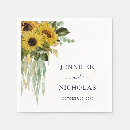 Elegant Navy Blue Floral Sunflower Wedding Napkins