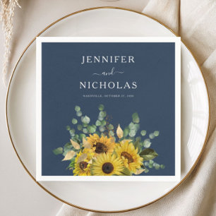Elegant Navy Blue Floral Sunflower Wedding Napkins