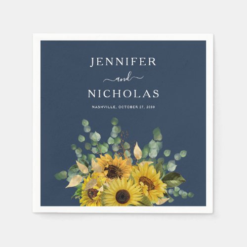 Elegant Navy Blue Floral Sunflower Wedding  Napkins