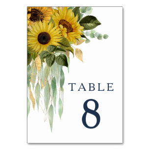 Elegant Navy Blue Floral Sunflower Wedding Table Number