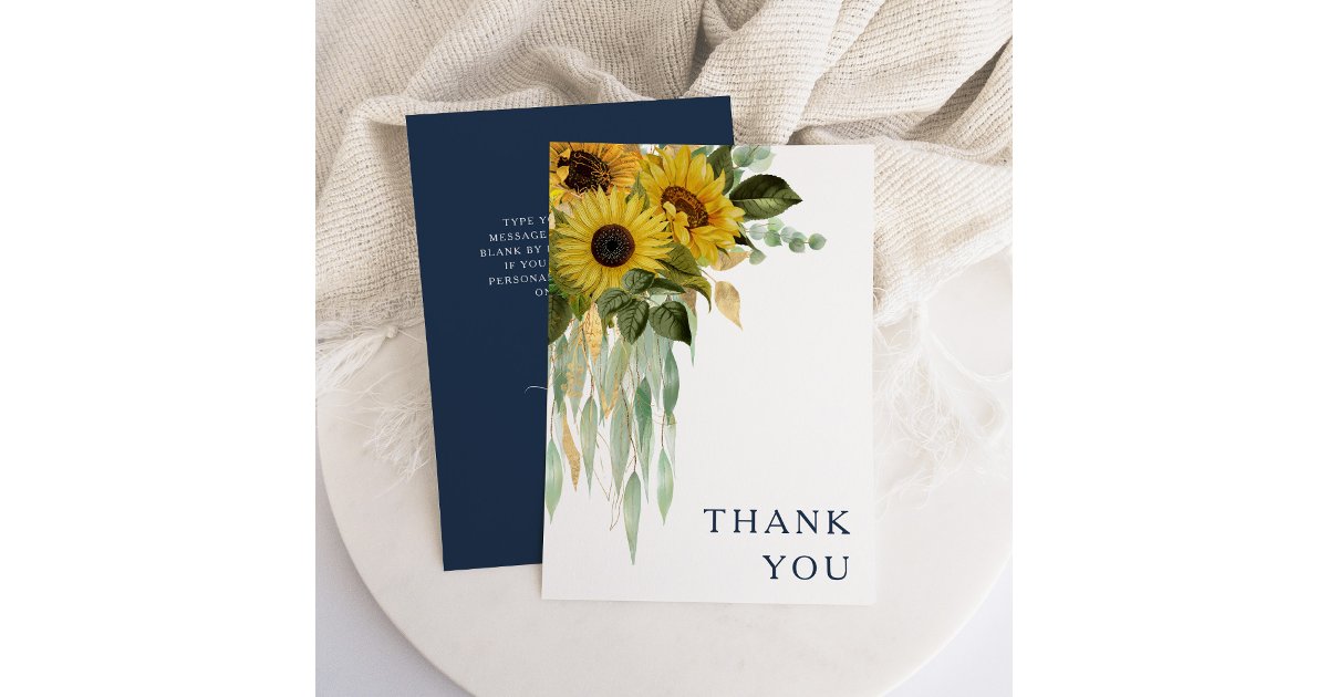 Elegant Navy Blue Floral Sunflower Wedding Thank You Card | Zazzle