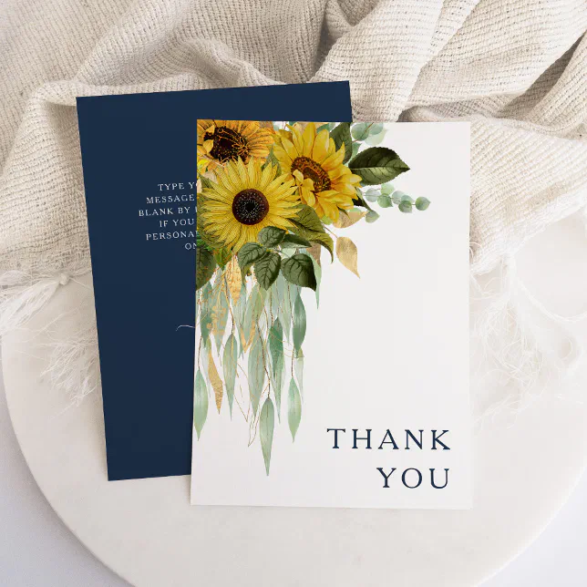 Elegant Navy Blue Floral Sunflower Wedding Thank You Card | Zazzle