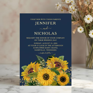 Elegant Navy Blue Floral Sunflowers Wedding Gold Foil Invitation