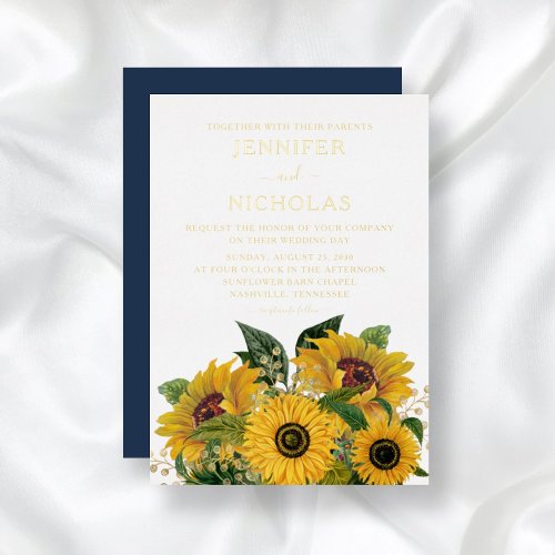 Elegant Navy Blue Floral Sunflowers Wedding Gold Foil Invitation