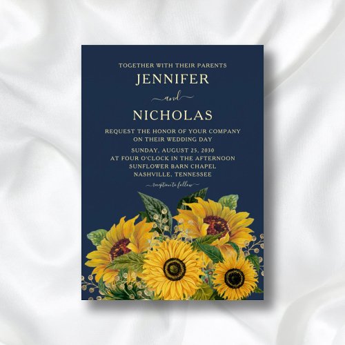 Elegant Navy Blue Floral Sunflowers Wedding Gold  Foil Invitation