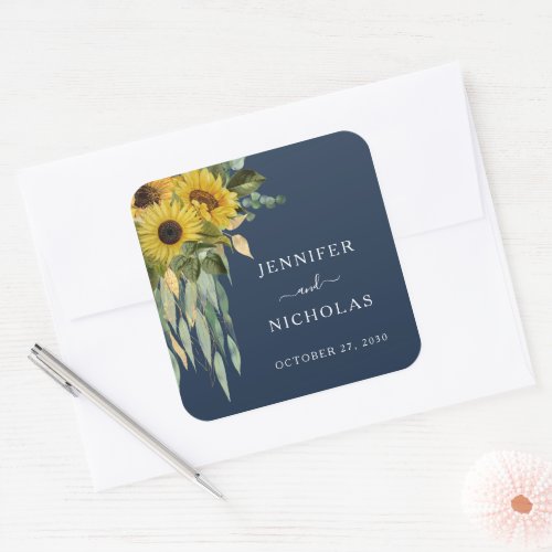 Elegant Navy Blue Floral Sunflowers Wedding Square Sticker