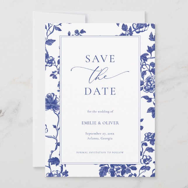 Elegant Navy Blue Floral Toile Save the Date Invitation (Front)