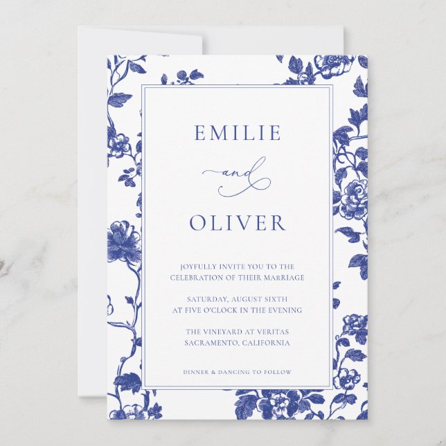 Elegant Navy Blue Floral Toile Wedding Invitation (Front)