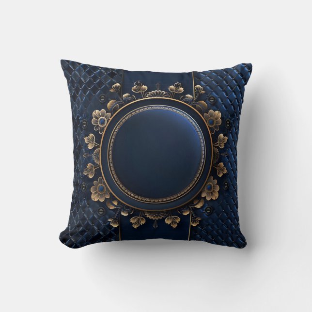 Elegant Navy Blue Floral Tufted  Throw Pillow (Front)