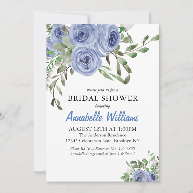 Elegant Navy Blue Floral Watercolor Bridal Shower Invitation (Front)