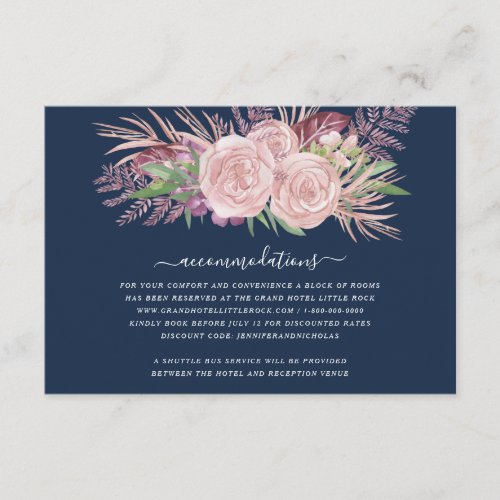 Elegant Navy Blue Floral Wedding Accommodation Enclosure Card