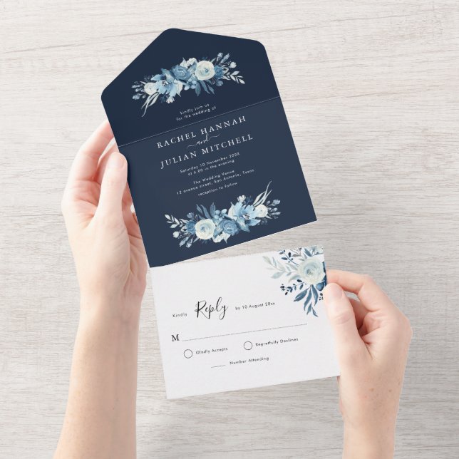 elegant navy blue floral wedding all in one invitation (Tearaway)