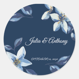 Elegant Navy Blue Floral Wedding Favor Sticker