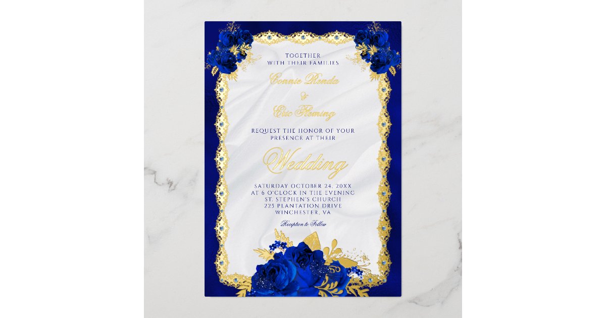 Elegant Navy Blue Floral Wedding Gold Foil Invitation | Zazzle