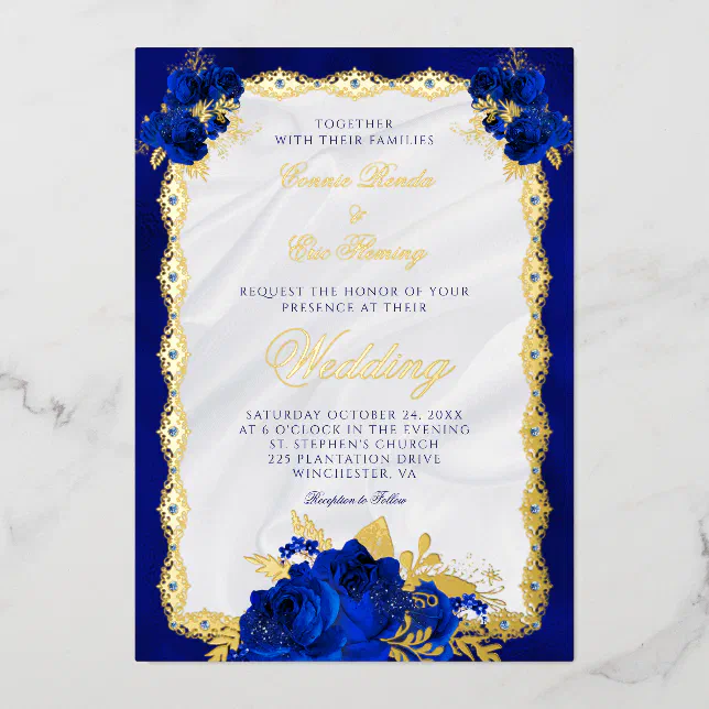 Elegant Navy Blue Floral Wedding Gold Foil Invitation | Zazzle