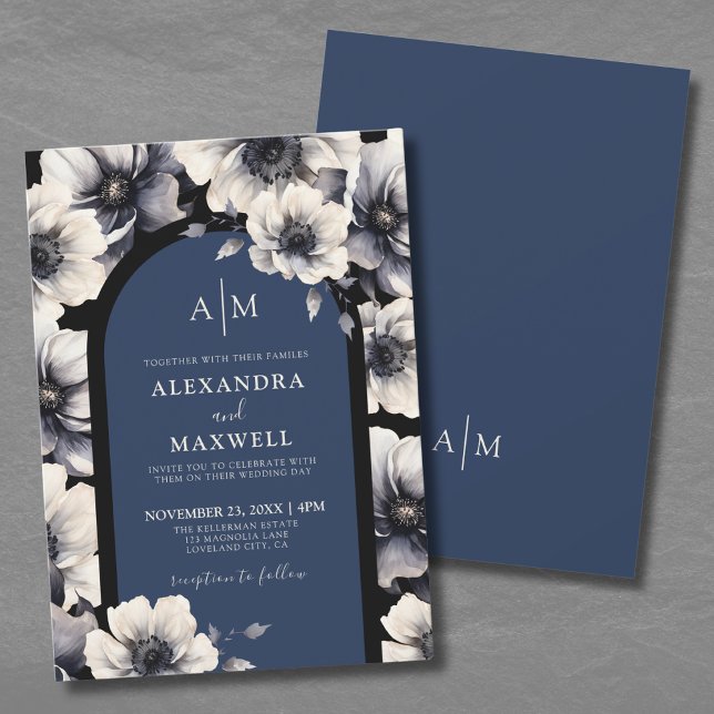 Elegant Navy Blue Floral Wedding Invitation (Elegant Flowers Navy Blue Floral Wedding Invitation)