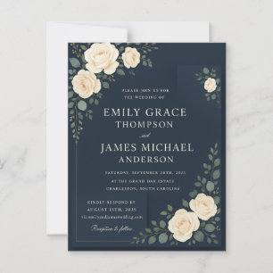 Elegant Navy Blue Floral Wedding Invitation Postcard