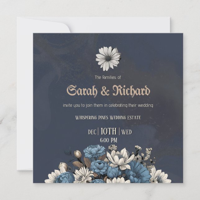 Elegant Navy Blue Floral Wedding Invite (Front)