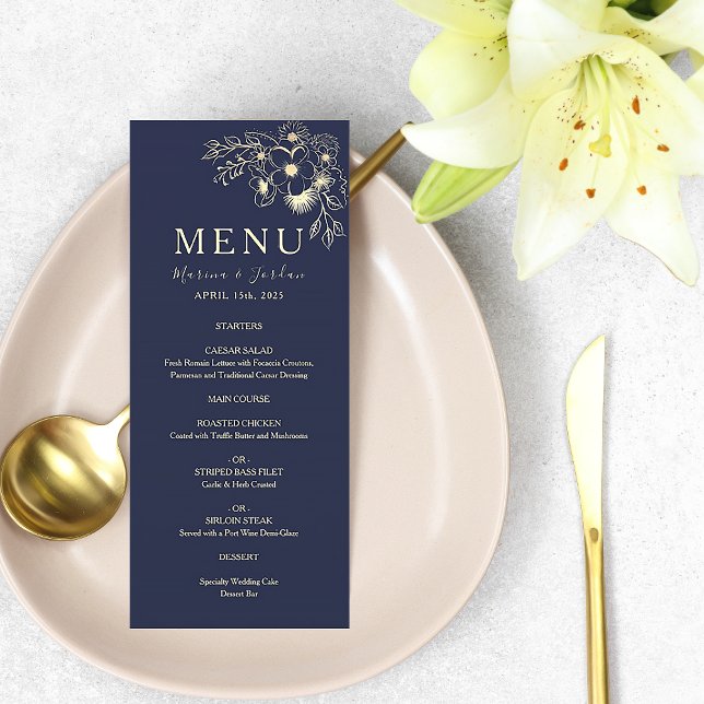 Elegant Navy Blue Floral Wedding Menu Card (Creator Uploaded)