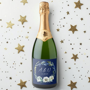 Elegant Navy Blue Floral Wedding Monogram Sparkling Wine Label