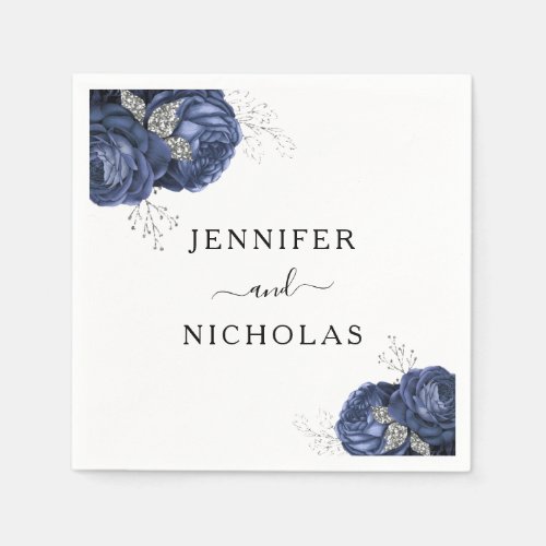 Elegant Navy Blue Floral Wedding Napkins