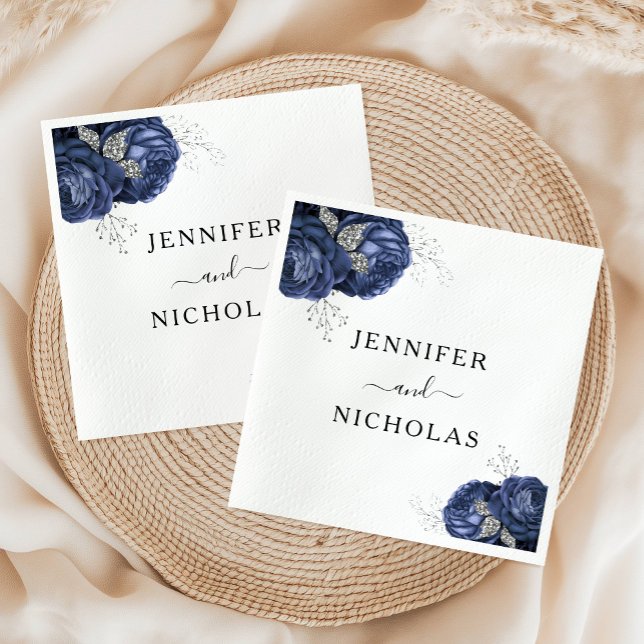 Elegant Navy Blue Floral Wedding Napkins (Elegant Navy Blue Floral Wedding Napkins)