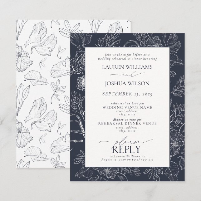 Elegant Navy Blue Floral Wedding Rehearsal Dinner Invitation (Front/Back)