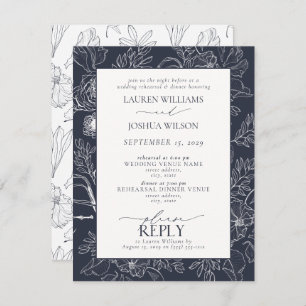 Elegant Navy Blue Floral Wedding Rehearsal Dinner Invitation