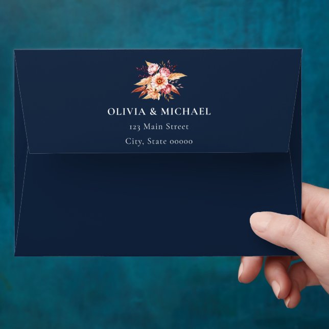 Elegant Navy Blue Floral Wedding Return Address Envelope (Hand)
