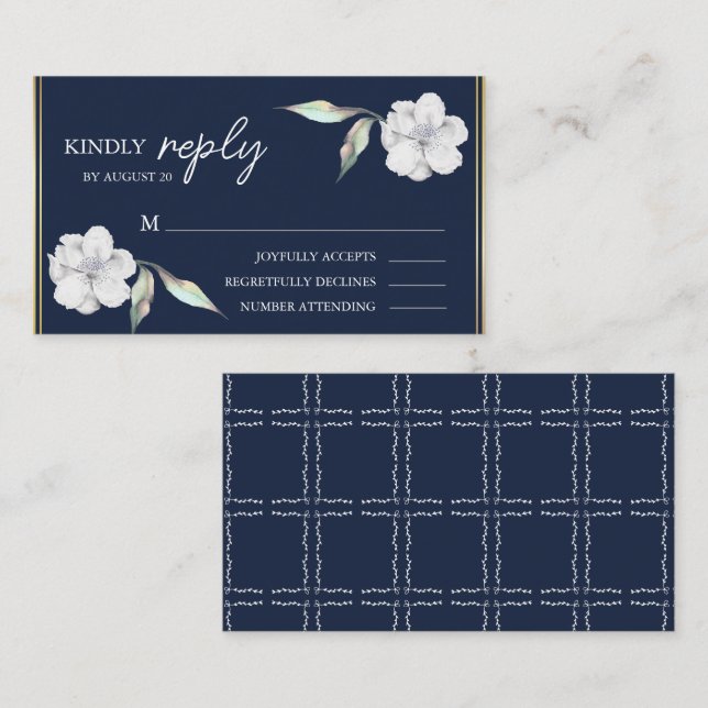 Elegant Navy Blue Floral Wedding RSVP  Enclosure Card (Front/Back)