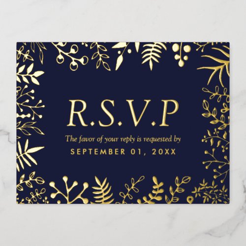 Elegant Navy Blue Floral Wedding RSVP Real Foil Invitation Postcard
