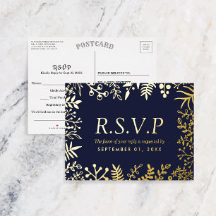 Elegant Navy Blue Floral Wedding RSVP Real Foil Invitation Postcard