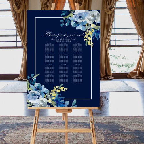 Elegant Navy Blue Floral Wedding Seating Chart Foam Board