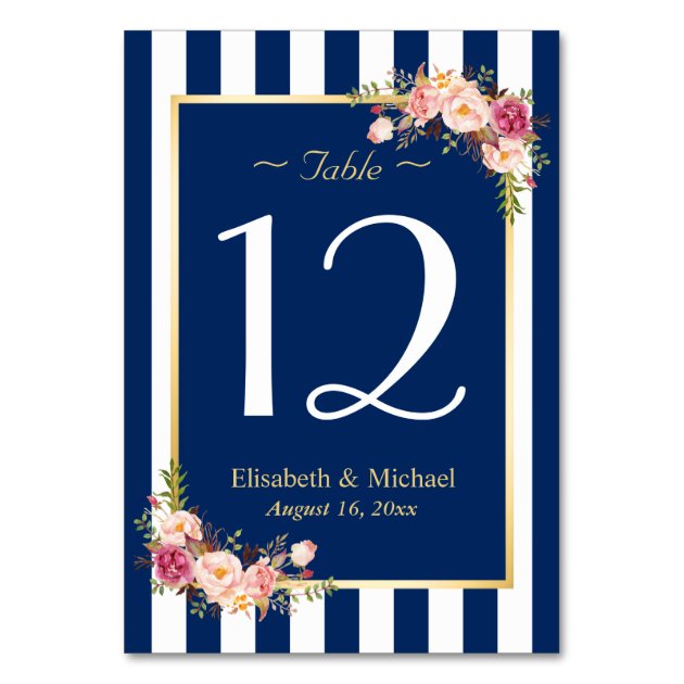 Elegant Navy Blue Floral Wedding Table Number