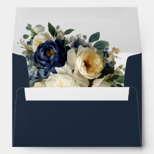 Elegant Navy Blue Floral & White Peonies Wedding E Envelope
