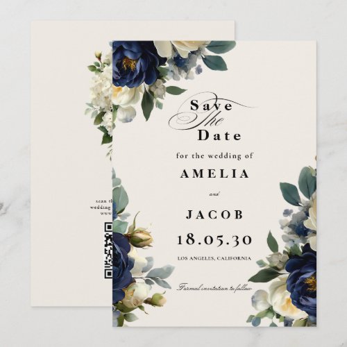 Elegant Navy Blue Floral & White Peonies Wedding S Save The Date