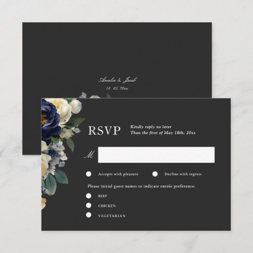 Elegant Navy Blue Floral&White peony Wedding RSVP Enclosure Card