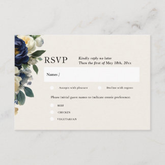 Elegant Navy Blue Floral&White peony Wedding RSVP Enclosure Card
