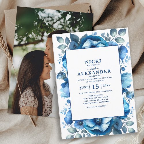 Elegant Navy Blue Floral White Wedding Invitation