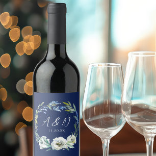 Elegant Navy Blue Floral Winter Wedding Monogram Wine Label