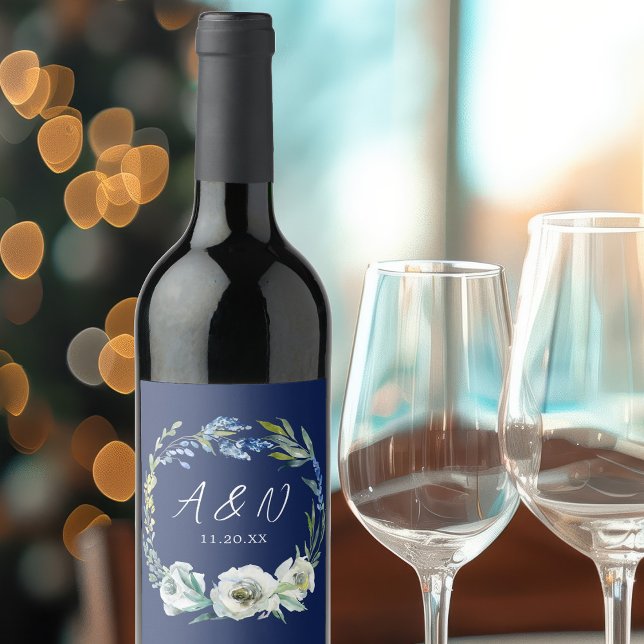 Elegant Navy Blue Floral Winter Wedding Monogram Wine Label (Creator Uploaded)