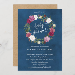 Elegant Navy Blue Floral Wreath Baby Shower Invitation