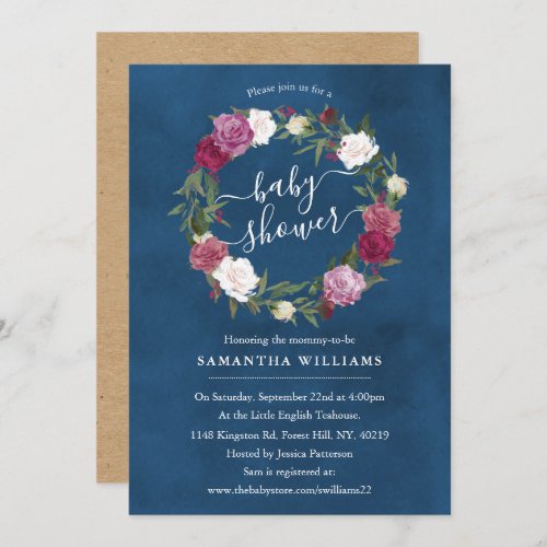 Elegant Navy Blue Floral Wreath Baby Shower Invitation