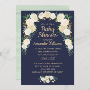 Elegant Navy Blue Floral Wreath Baby Shower Invitation