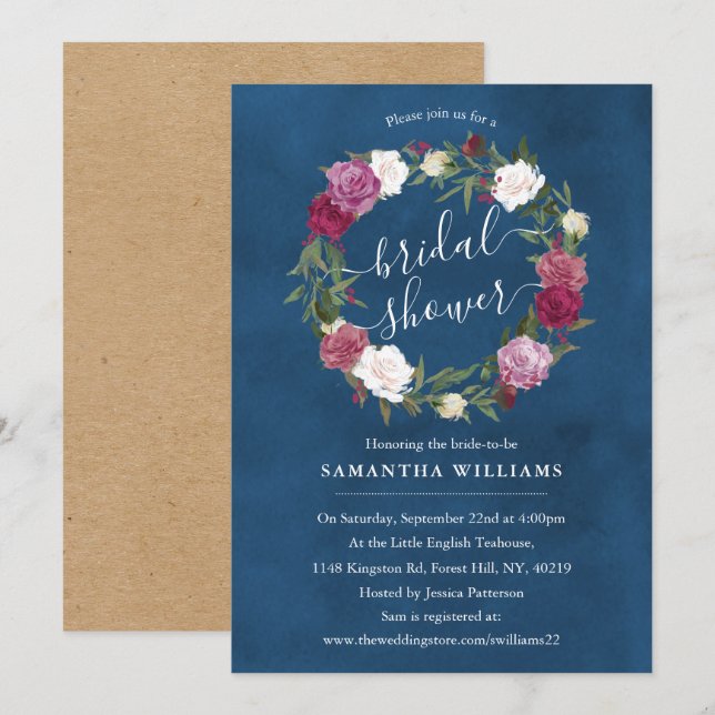 Elegant Navy Blue Floral Wreath Bridal Shower Invitation (Front/Back)