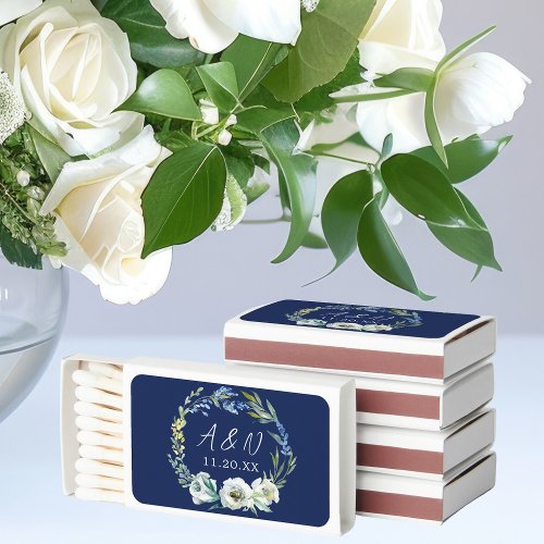 Elegant Navy Blue Floral Wreath Monogram Wedding Matchboxes